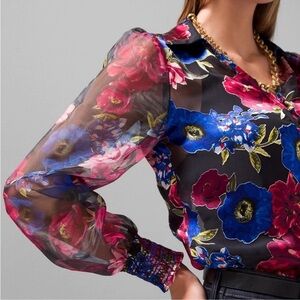 WHBM Organza Sleeve Silk Burnout Blouse Floral Puff Sleeve Sheer cocktail top M